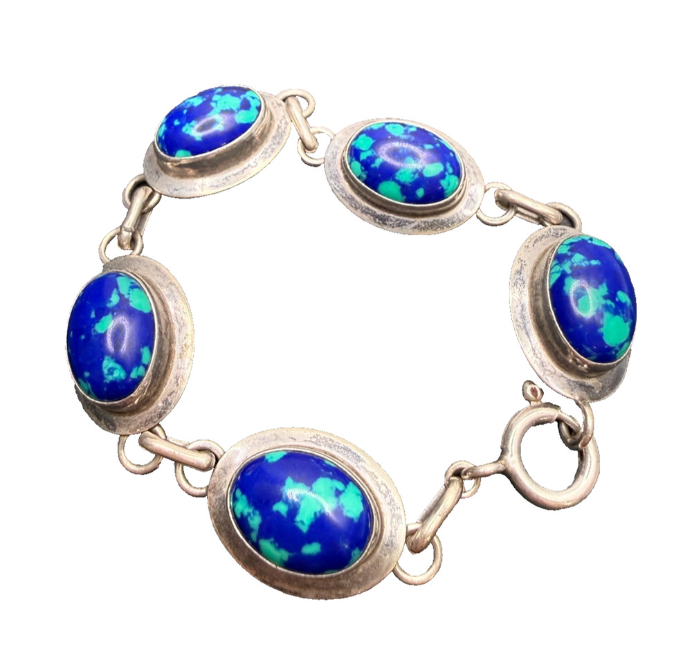 VTG Sterling Silver Azurite Malachite 5 Oval Panel Link 6.5" Bracelet 13.16g MCM